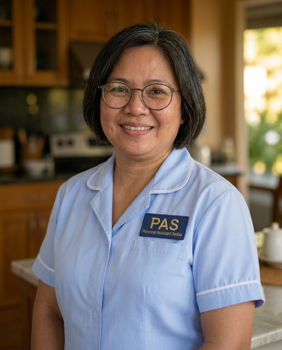 Sri from Indonesia, Household & child care assistant in professional uniform